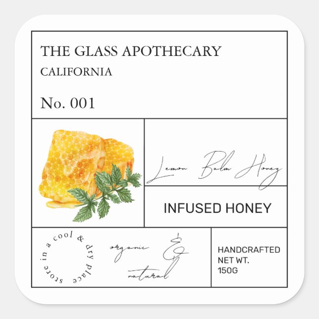 Adesivo Quadrado Apothecary Lemon Balm Infused Honey Label (Frente)