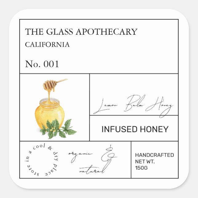 Adesivo Quadrado Apothecary Lemon Balm Infused Honey Label (Frente)