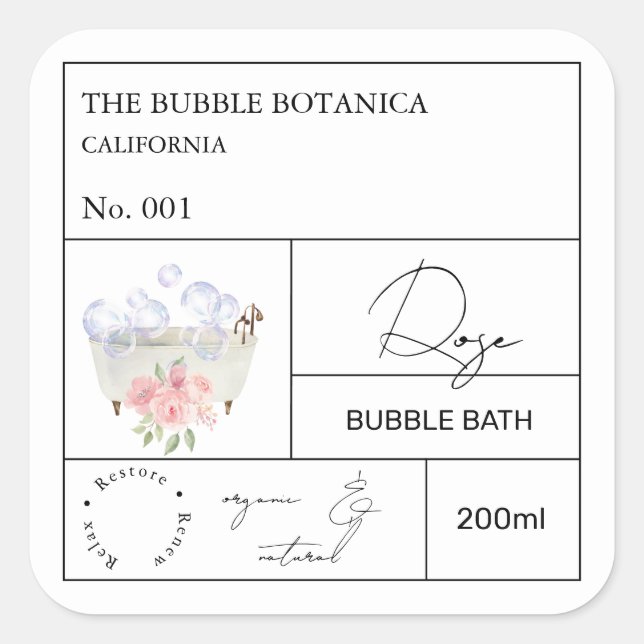 Adesivo Quadrado Apothecary Rose Bubble Bath Label (Frente)