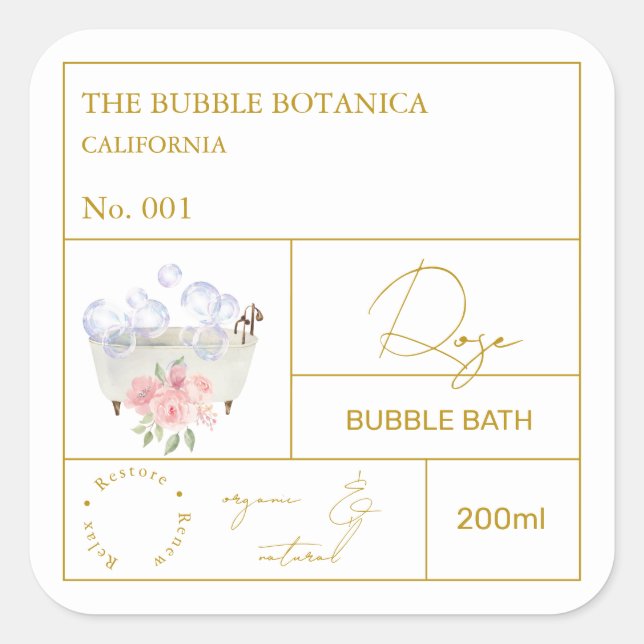 Adesivo Quadrado Apothecary Rose Bubble Bath Label (Frente)