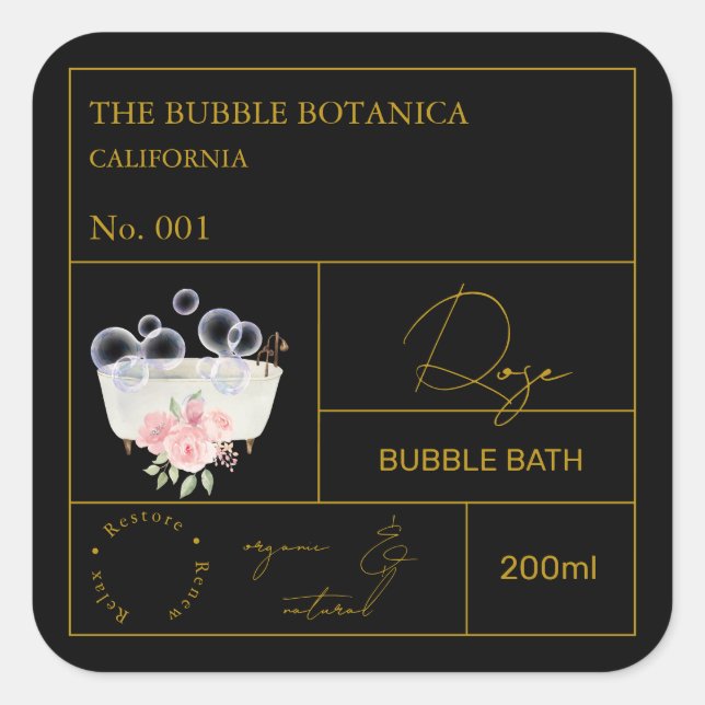 Adesivo Quadrado Apothecary Rose Bubble Bath Label (Frente)