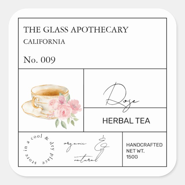 Adesivo Quadrado Apothecary Rose Herbal Tea  Label (Frente)
