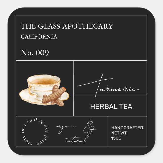 Adesivo Quadrado Apothecary Turmeric Herbal Tea  Label (Frente)