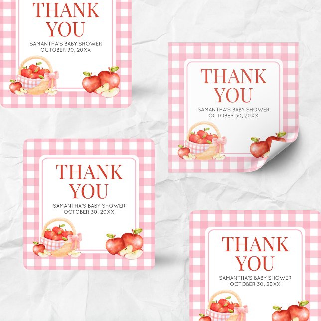 Adesivo Quadrado Apple of Our Eye Chá de fraldas (The Apple of Our Eye Gingham Baby Shower Square Sticker)