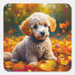 Adesivo Quadrado Apricot Poodle Puppy em Folhas de Queda