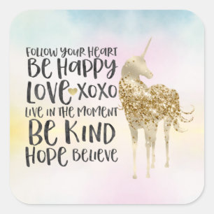 Adesivo Quadrado Aqua Amarelo Amarelo de Aquarela, Unicórnio Inspir