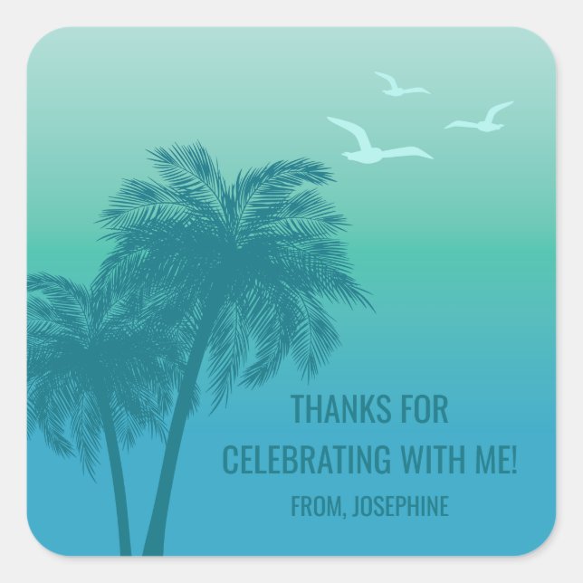 Adesivo Quadrado Aqua Blue Tropical Palm Trees Birthday Thank You (Frente)