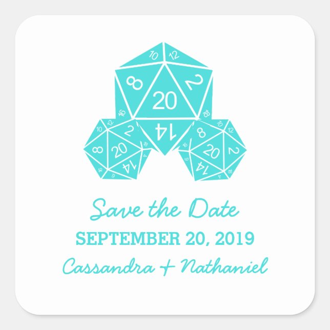 Adesivo Quadrado Aqua D20 Dice Save the Date Stickers (Frente)
