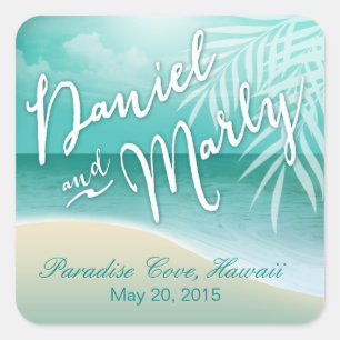 Adesivo Quadrado Aqua do favor do casamento de praia do flamingo