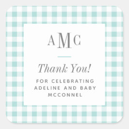 Adesivo Quadrado Aqua e Gingham Monograma Branco Obrigado