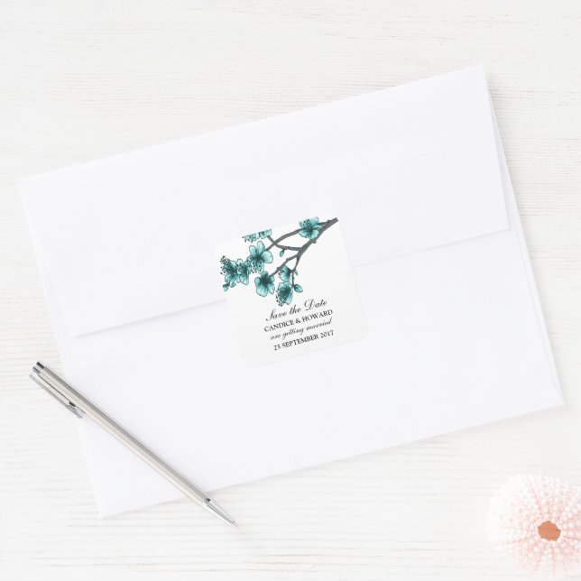 Adesivo Quadrado Aqua Simple Cherry Blossoms salva a data (Envelope)