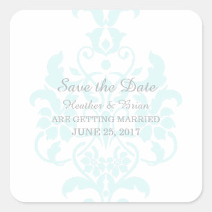 Adesivo Quadrado Aqua Sutil Damask Save the Date Stickers
