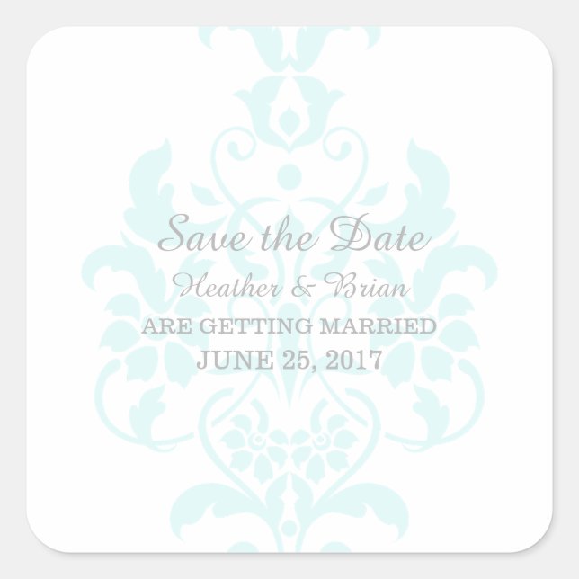 Adesivo Quadrado Aqua Sutil Damask Save the Date Stickers (Frente)
