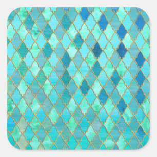 Adesivo Quadrado Aqua Teal Mint Dourado Padrão de Azulejo Marroquin
