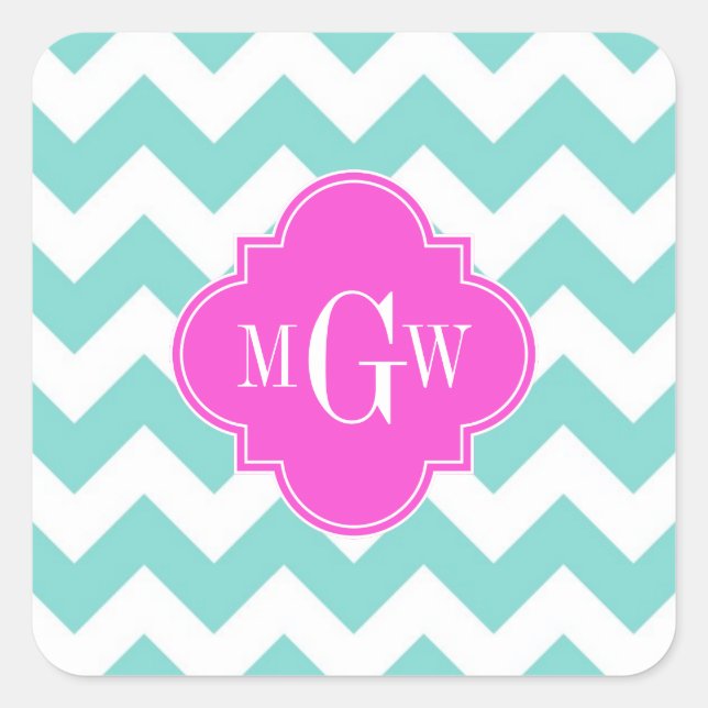 Adesivo Quadrado Aqua White Chevron Quatrefoil Rosa Quente 3 Monogr (Frente)