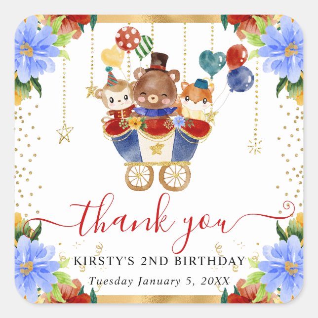 Adesivo Quadrado Aquarela Animais do Circo Treinam Aniversário Flor (Frente)