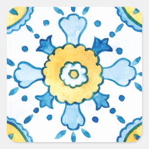 Adesivo Quadrado Aquarela Azul e Amarelo Padrão de Azulejo Marroqui