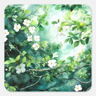 Adesivo Quadrado Aquarela Botânica Flores Brancas Folhas Verdes