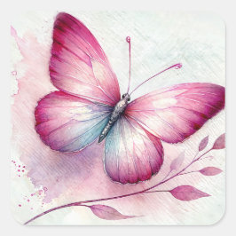 Adesivo Quadrado Aquarela Botânica Rosa Borboleta