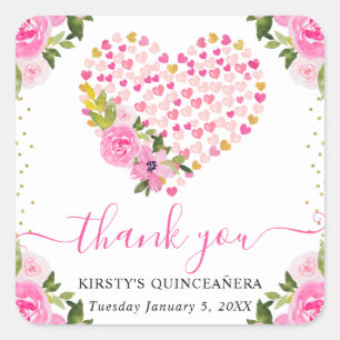 Adesivo Quadrado Aquarela Corações Flores Quinceanera Rosa Dourado