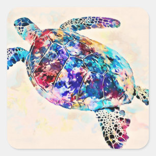Adesivo Quadrado Aquarela de Tartaruga marinha havaiana