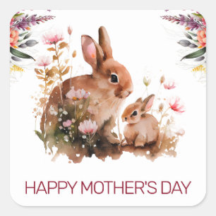 Adesivo Quadrado Aquarela Dia das Mães Coelho Mãe e Bebê na Primave