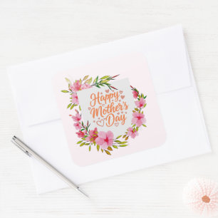 Adesivo Quadrado Aquarela Floral Feliz Dia das Mães
