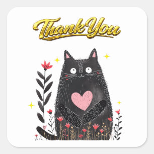 Adesivo Quadrado Aquarela Floral Gato Preto com Coração Obrigado