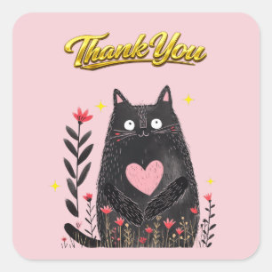 Adesivo Quadrado Aquarela Floral Gato Preto com Coração Obrigado