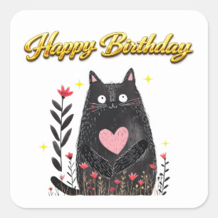 Adesivo Quadrado Aquarela Floral Gato Preto Coração Rosa Aniversári