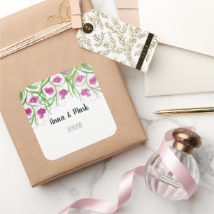 Adesivo Quadrado Aquarela Floral Rosa Pintada à Mão
