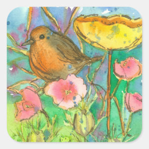 Adesivo Quadrado Aquarela Flores Robin Bird
