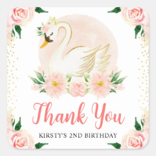 Adesivo Quadrado Aquarela Flores Rosa e Cisne Aniversário
