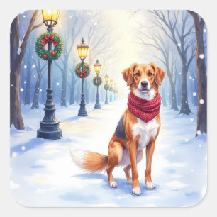 Adesivo Quadrado Aquarela Foxhound Americano Poste de Rua Nevado