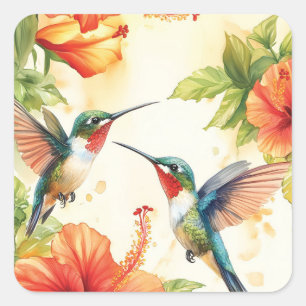 Adesivo Quadrado Aquarela Hummingbird e Flores Design