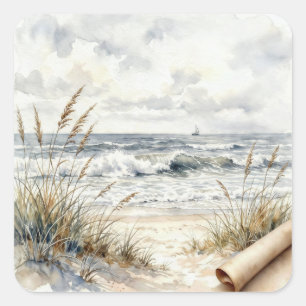 Adesivo Quadrado Aquarela Oceano Praia com Papel Enrolado