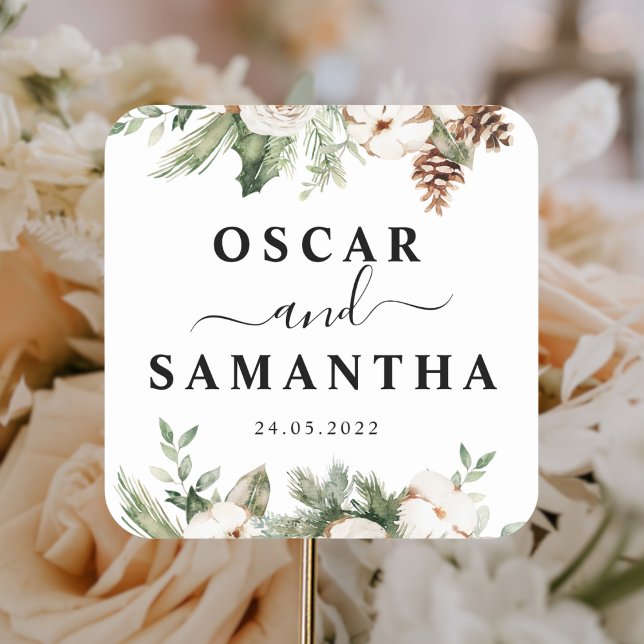 Adesivo Quadrado Aquarela Palha Verde de inverno Flores Brancas (Criador carregado)