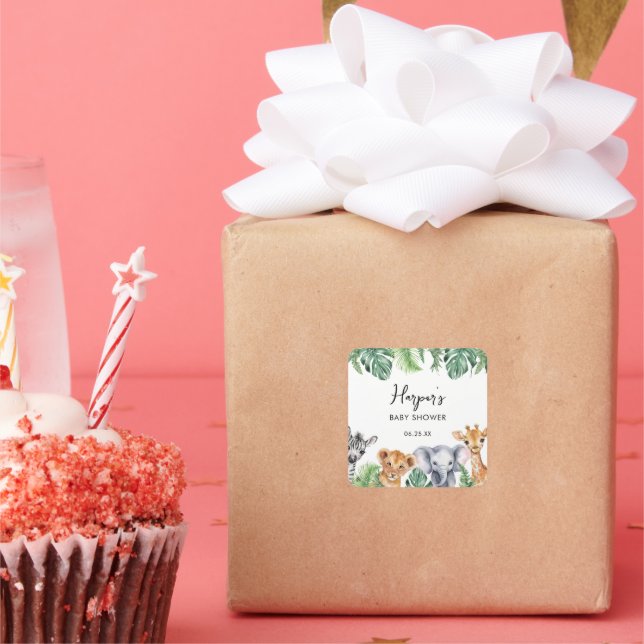 Adesivo Quadrado Aquarela Pequeno Chá de fraldas Safari Selvagem (Festa)