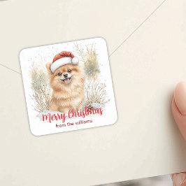 Adesivo Quadrado Aquarela Pomerânia em Santa Chapéu Feliz Natal