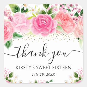 Adesivo Quadrado Aquarela Rosas Rosadas Flores Sweet Sixteen