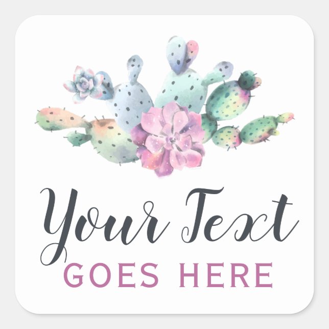 Adesivo Quadrado Aquarela Suculta Cactus Prickly Pear Bohemian (Frente)