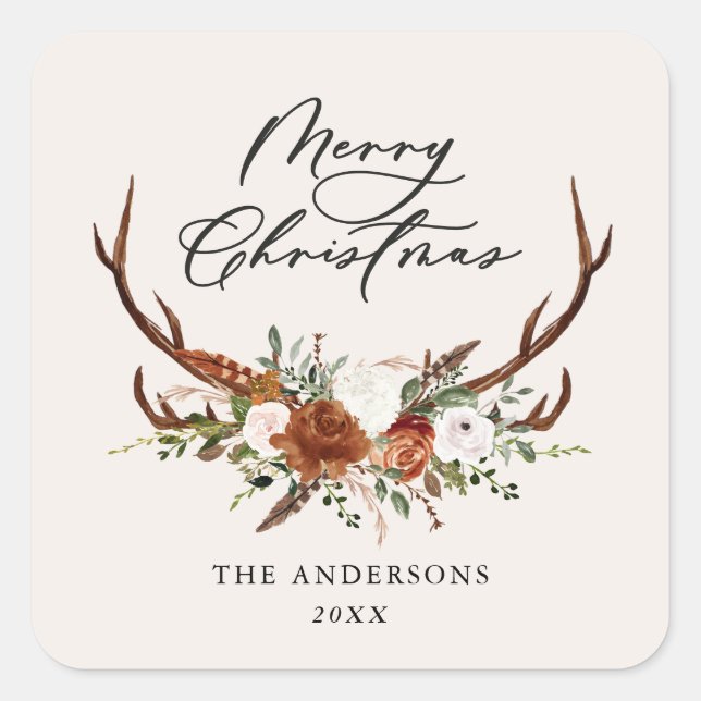Adesivo Quadrado aquarela veado floral feliz natal (Frente)