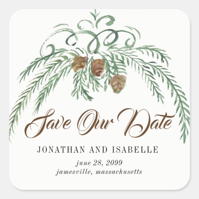 Adesivo Quadrado Aquarela Verde e Pinho Cones Salvar nossa Data (Frente)