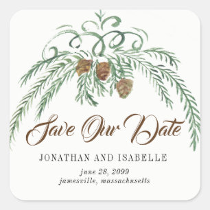 Adesivo Quadrado Aquarela Verde e Pinho Cones Salvar nossa Data