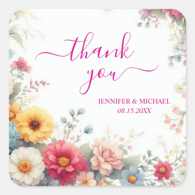 Adesivo Quadrado Aquarell Flowers Calligraphy Script Thank You (Frente)