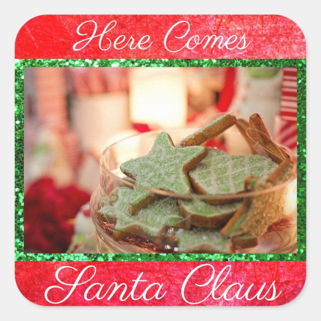 Adesivo Quadrado Aqui Vem o Papai Noel Cookies Stickers (Frente)