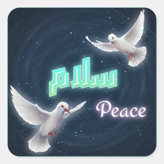 Adesivo Quadrado Arabic Peace "Salaam" Typography with White Doves  (Frente)