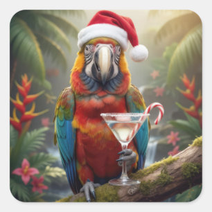 Adesivo Quadrado Arara Papagaio de Natal com Coquetel Martini