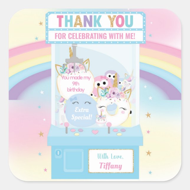 Adesivo Quadrado Arcade Girl Birthday, Uma Máquina De Chuvas Azuis (Frente)