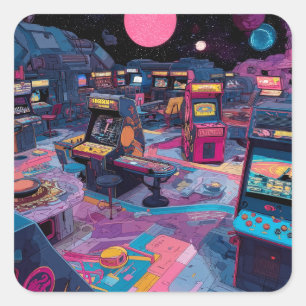 Adesivo Quadrado Arcade Retro Futurista no Espaço Exterior
